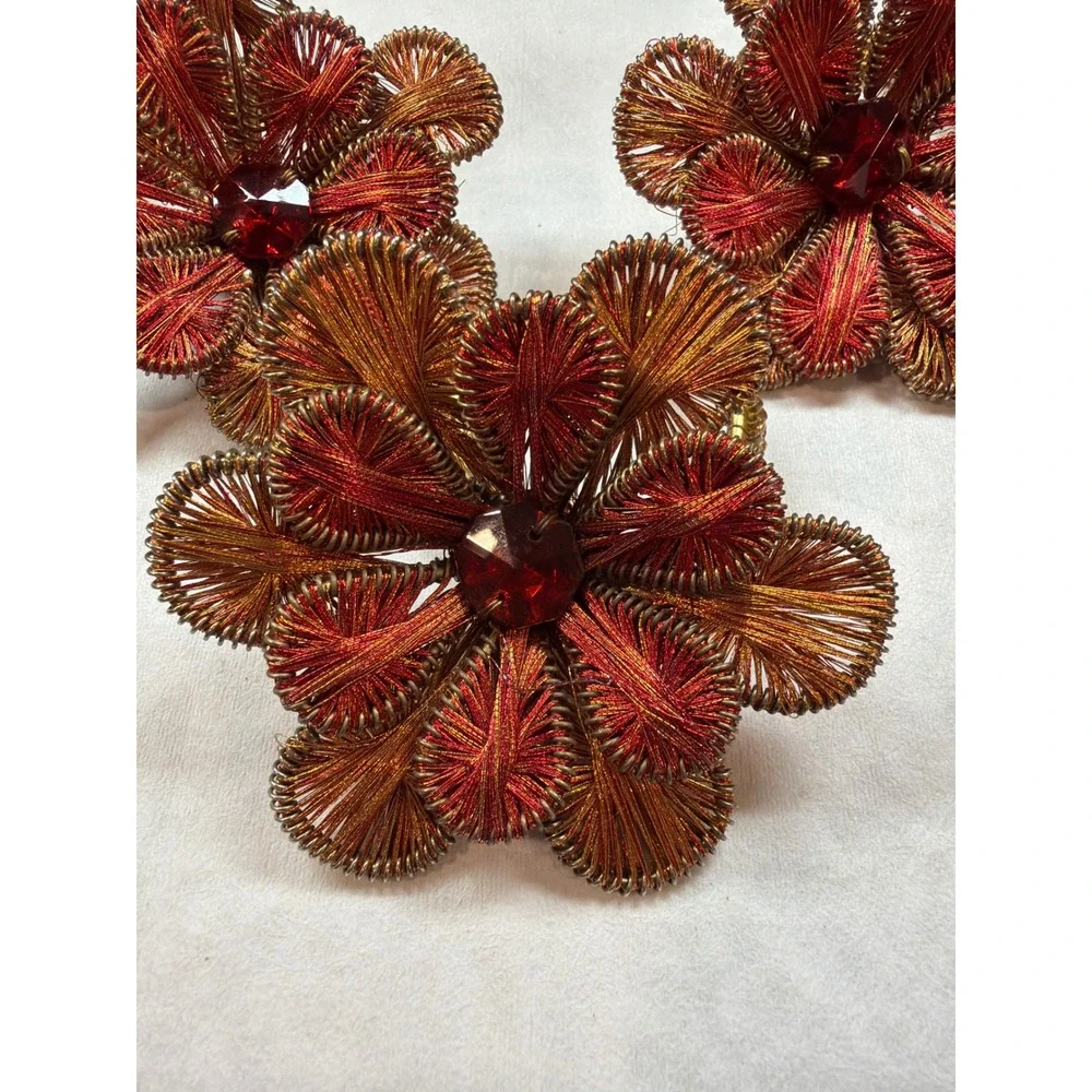 Vintage Ganutell Flower Napkin Rings Set of 4 - Handmade Gold Red Wire Silk Art‎